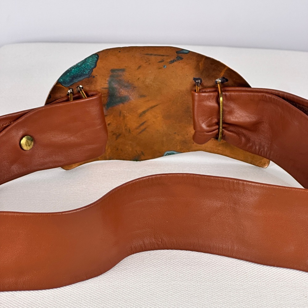 Sculptural 70s Copper Brass Verdigris Patina Brown Belt Statement Buckle Leather - Picture 3 of 5